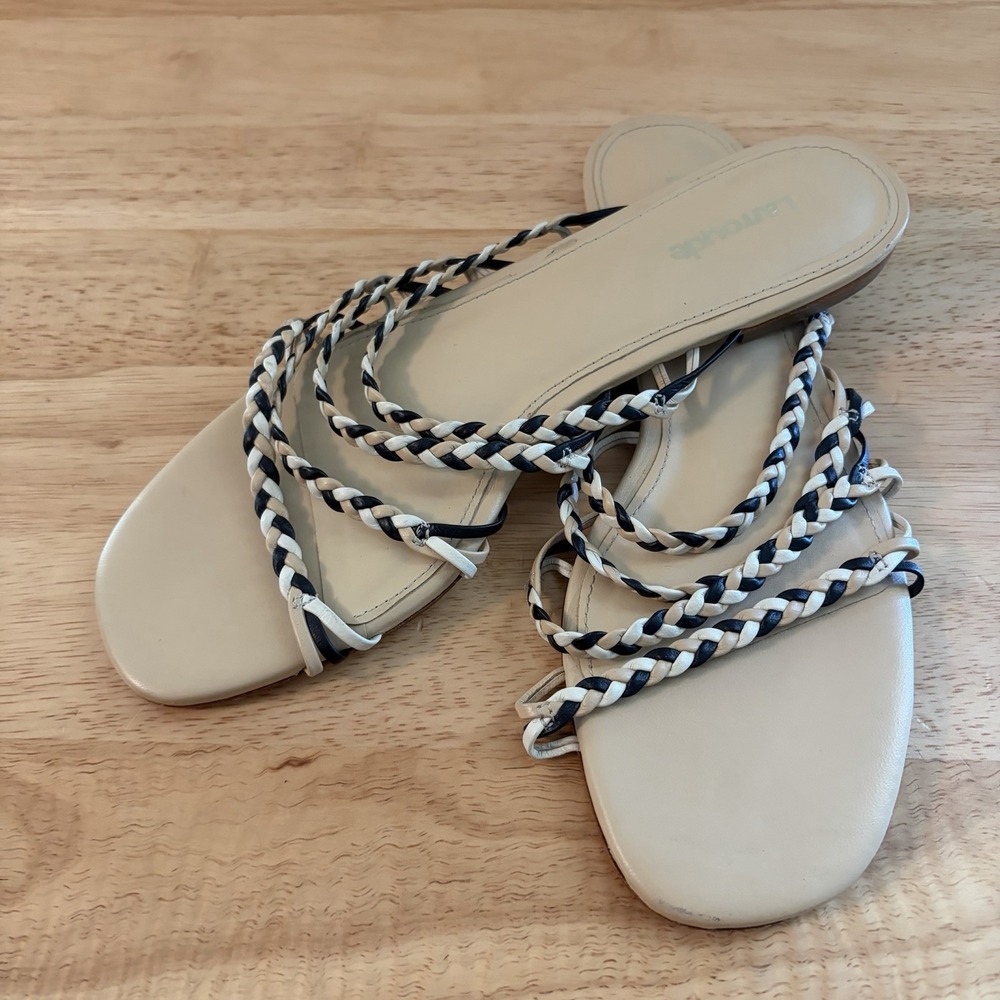 Larroudé Ibiza flat mules in multi-neutral leather 6.5 Tan Black Brown Braided
